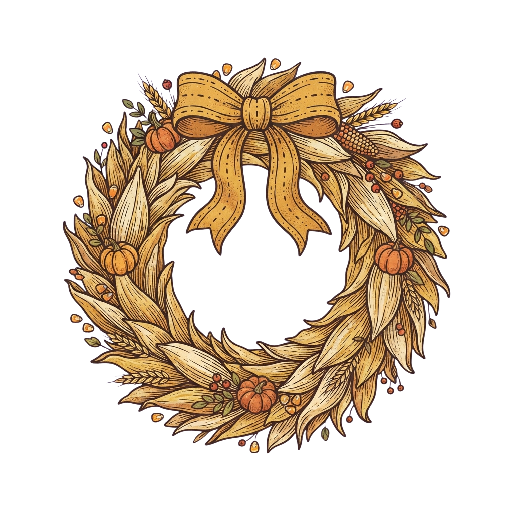 Illustrated autumn wreath featuring wheat, pumpkins, and a golden ribbon bow