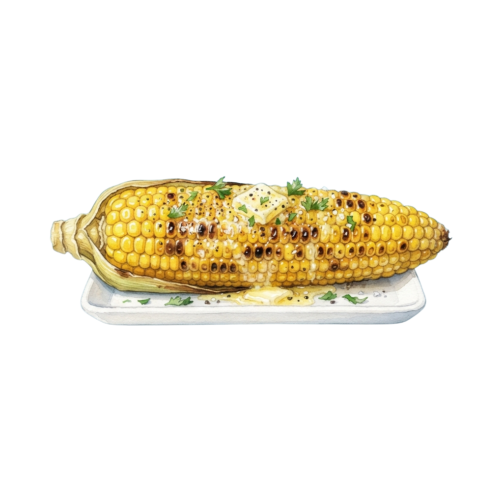 Grilled corn on the cob topped with melted butter and parsley on a white plate