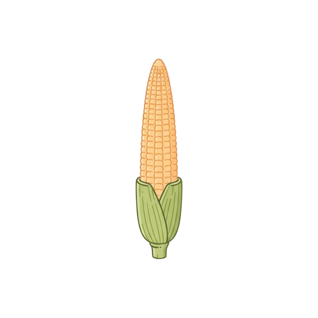 A single ear of corn with yellow kernels and green husks at the base