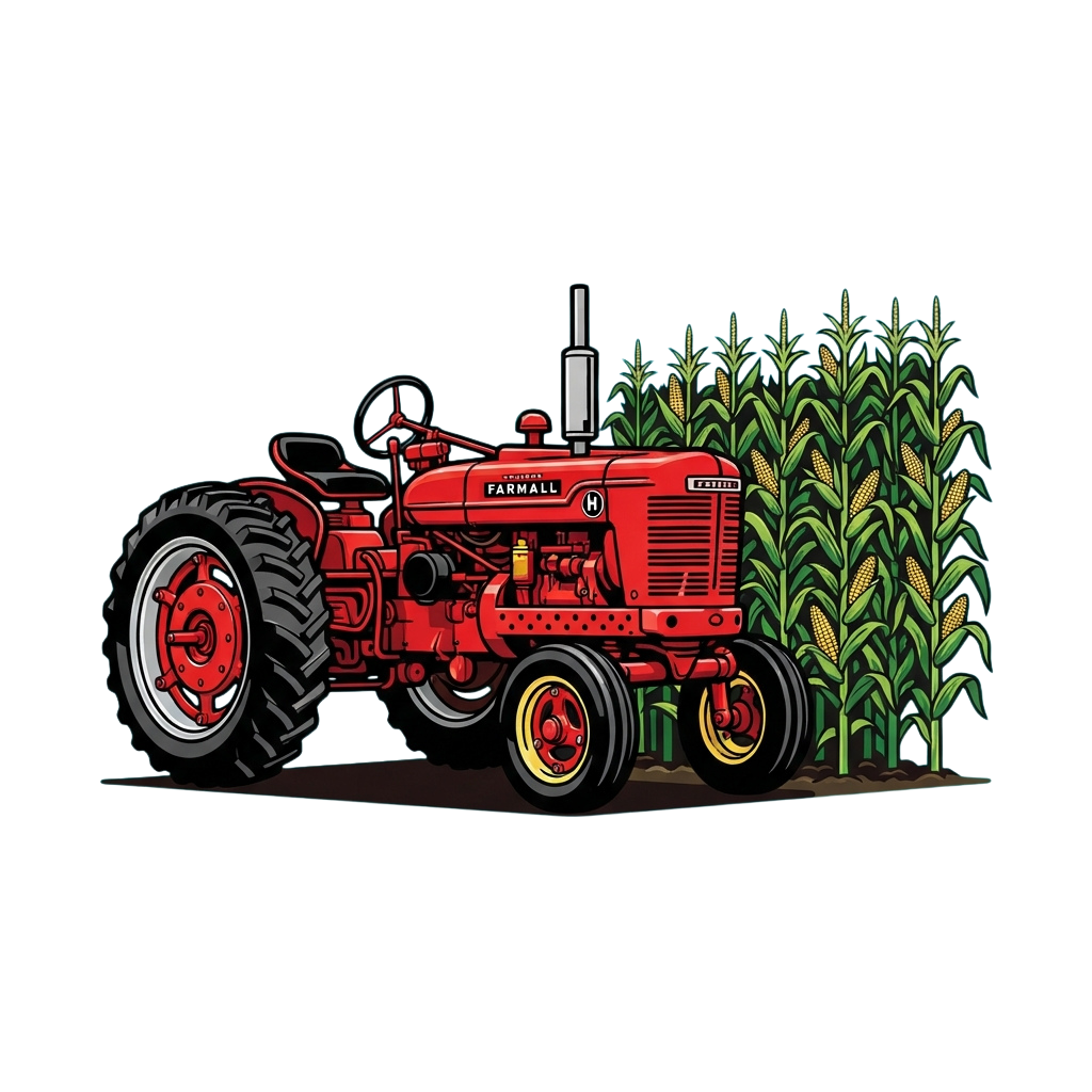 Illustration of a red vintage tractor driving through a field of corn plants