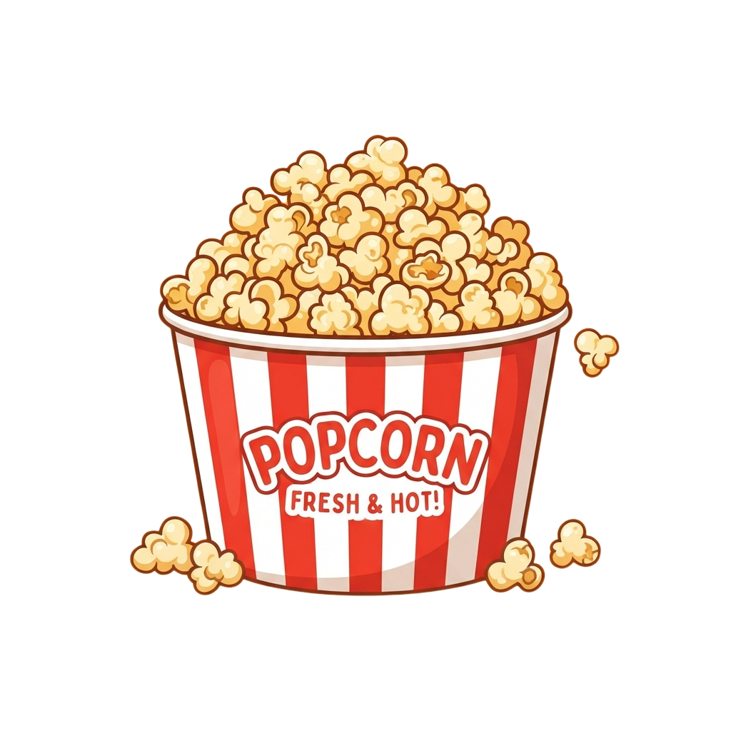A red and white striped popcorn bucket filled with golden popcorn, labeled Fresh Hot Popcorn, with scattered popcorn around it
