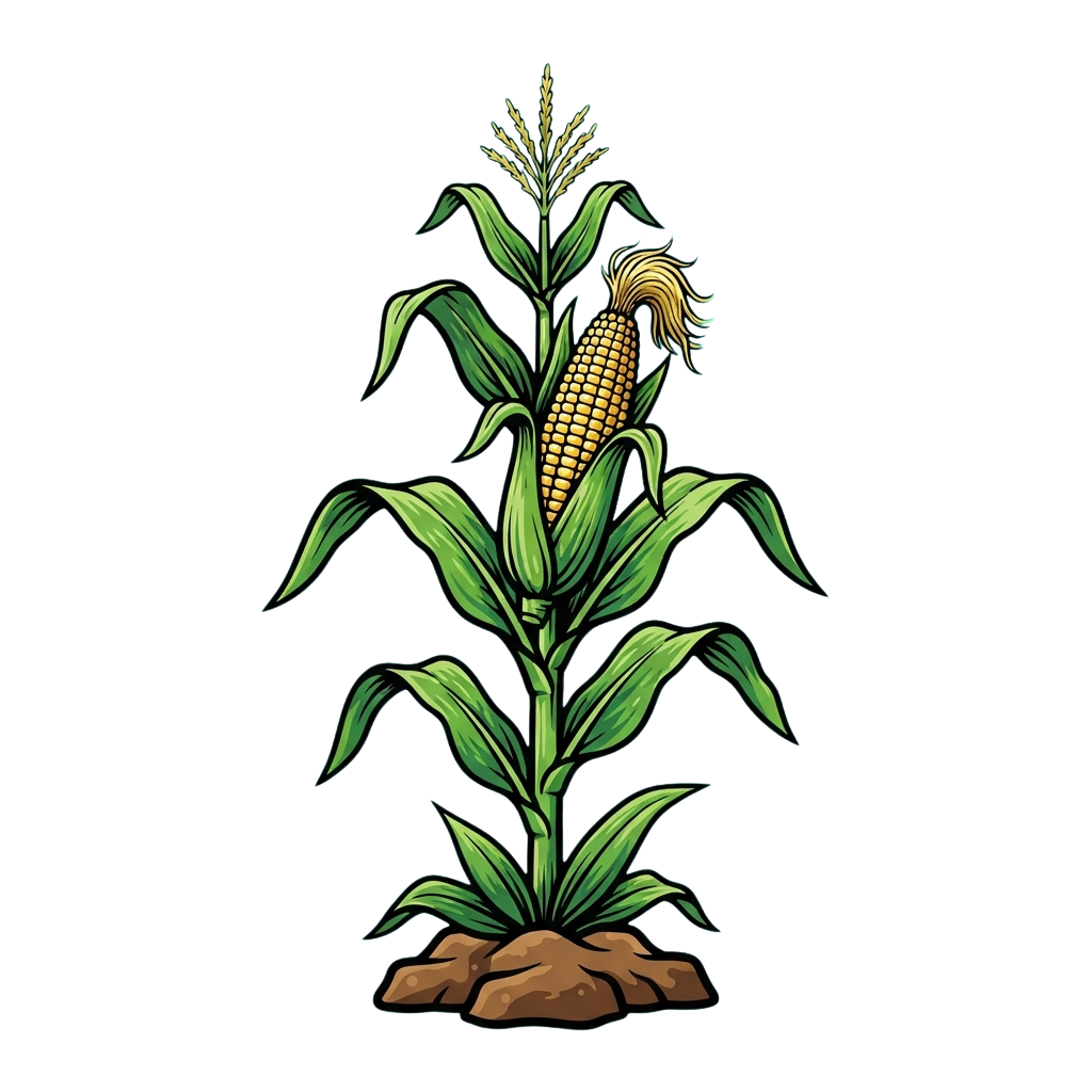 A detailed illustration of a corn plant with green leaves and a golden ear of corn on a dark background