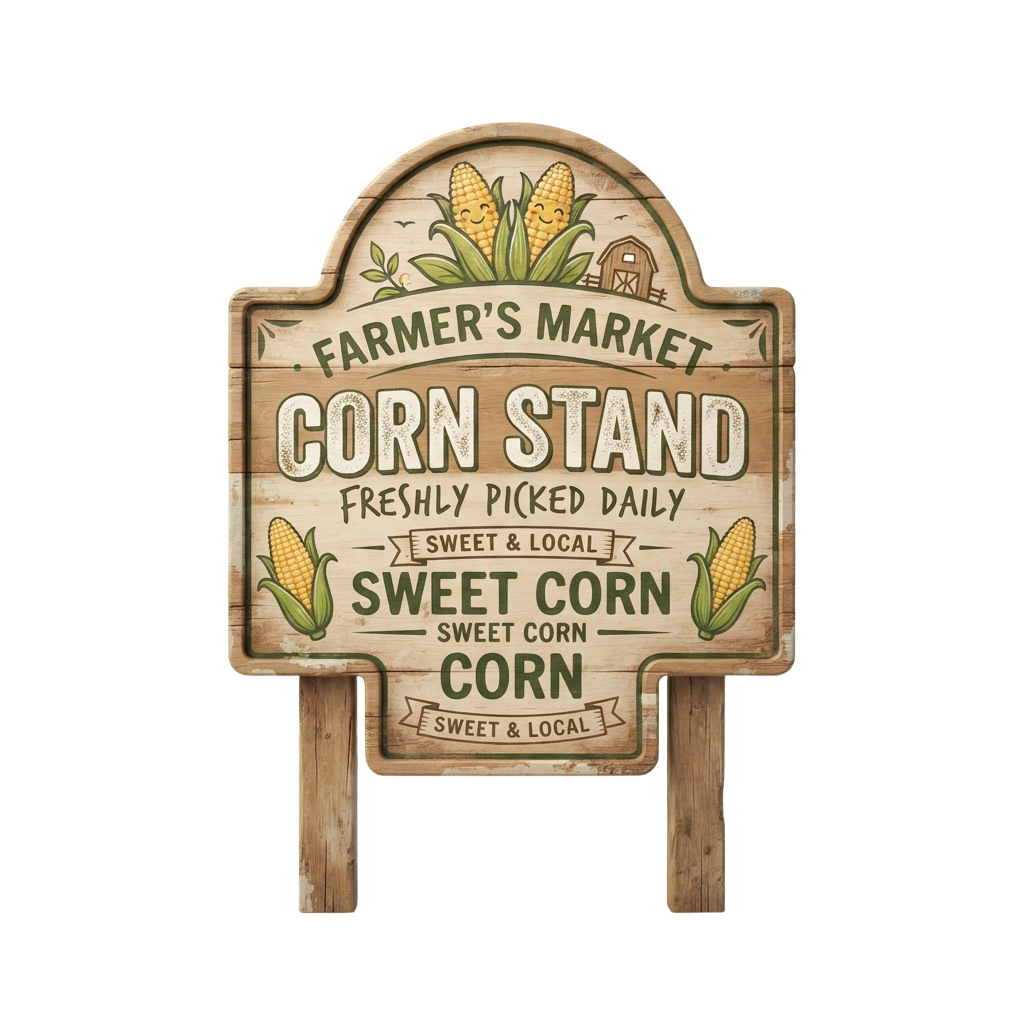 Rustic wooden sign advertising a farmers market corn stand with illustrations of ears of corn and the words corn stand and sweet corn
