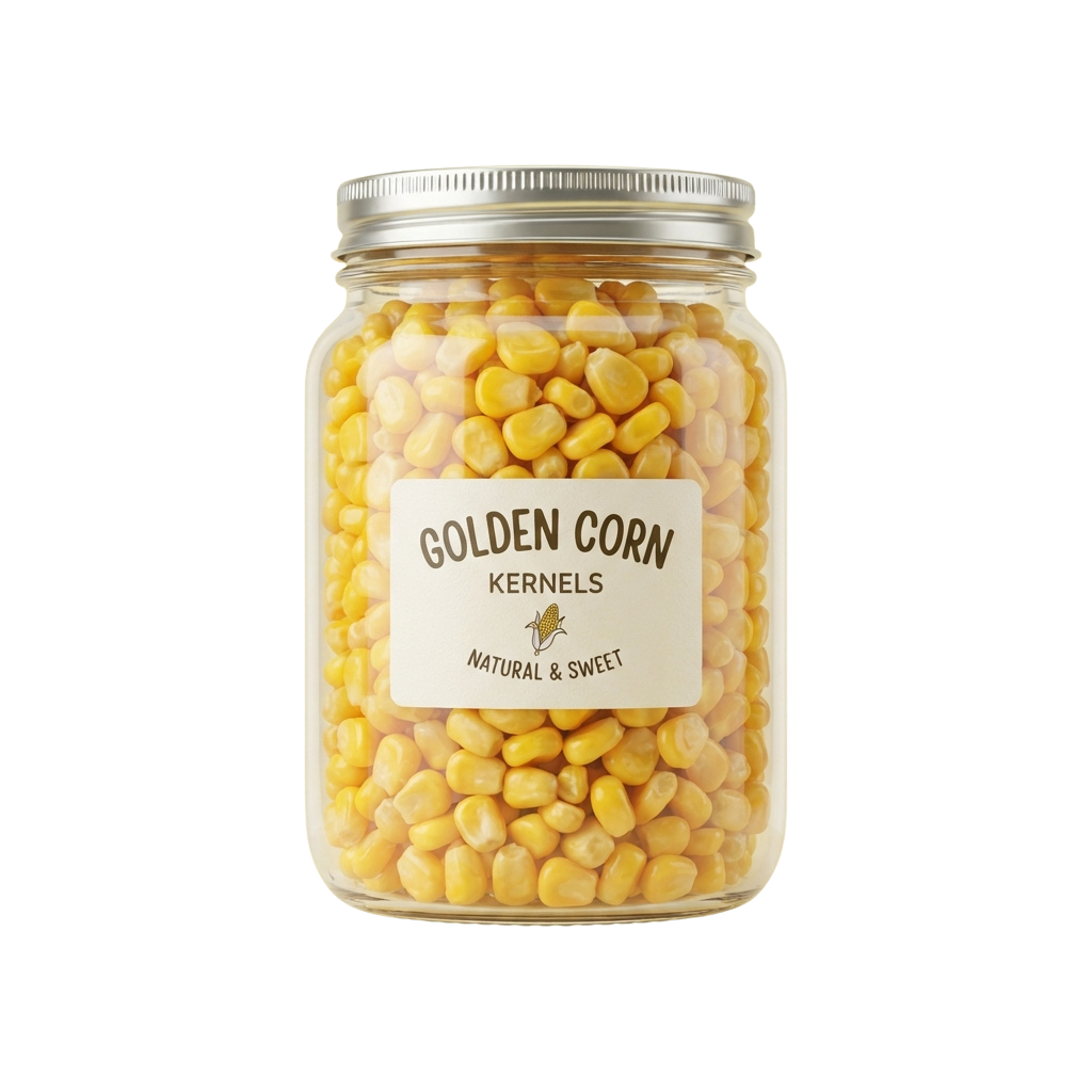 Glass jar filled with golden corn kernels labeled Golden Corn Kernels Natural Sweet