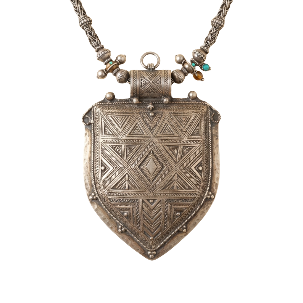 A detailed shield-shaped metal pendant necklace featuring geometric tribal patterns and decorative embellishments.
