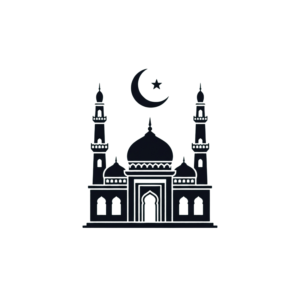 Silhouette of a mosque with two minarets and a central dome, featuring a crescent moon symbol above.
