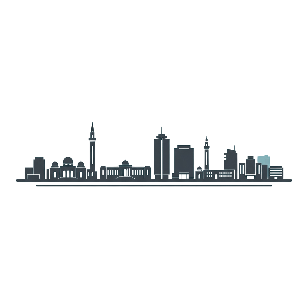 Skyline featuring a mix of modern skyscrapers and traditional mosque architecture at night.