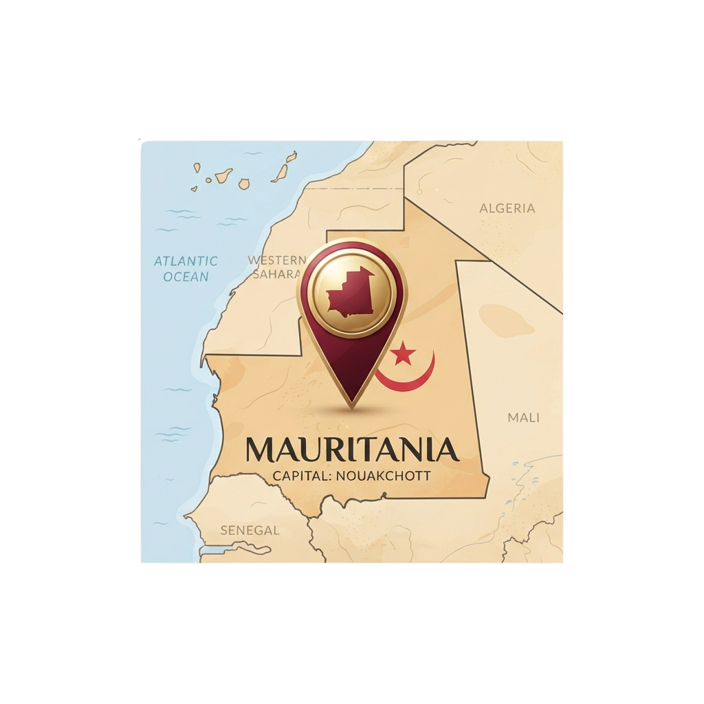 Map highlighting Mauritania in West Africa with a pin on its capital, Nouakchott, and national flag symbol