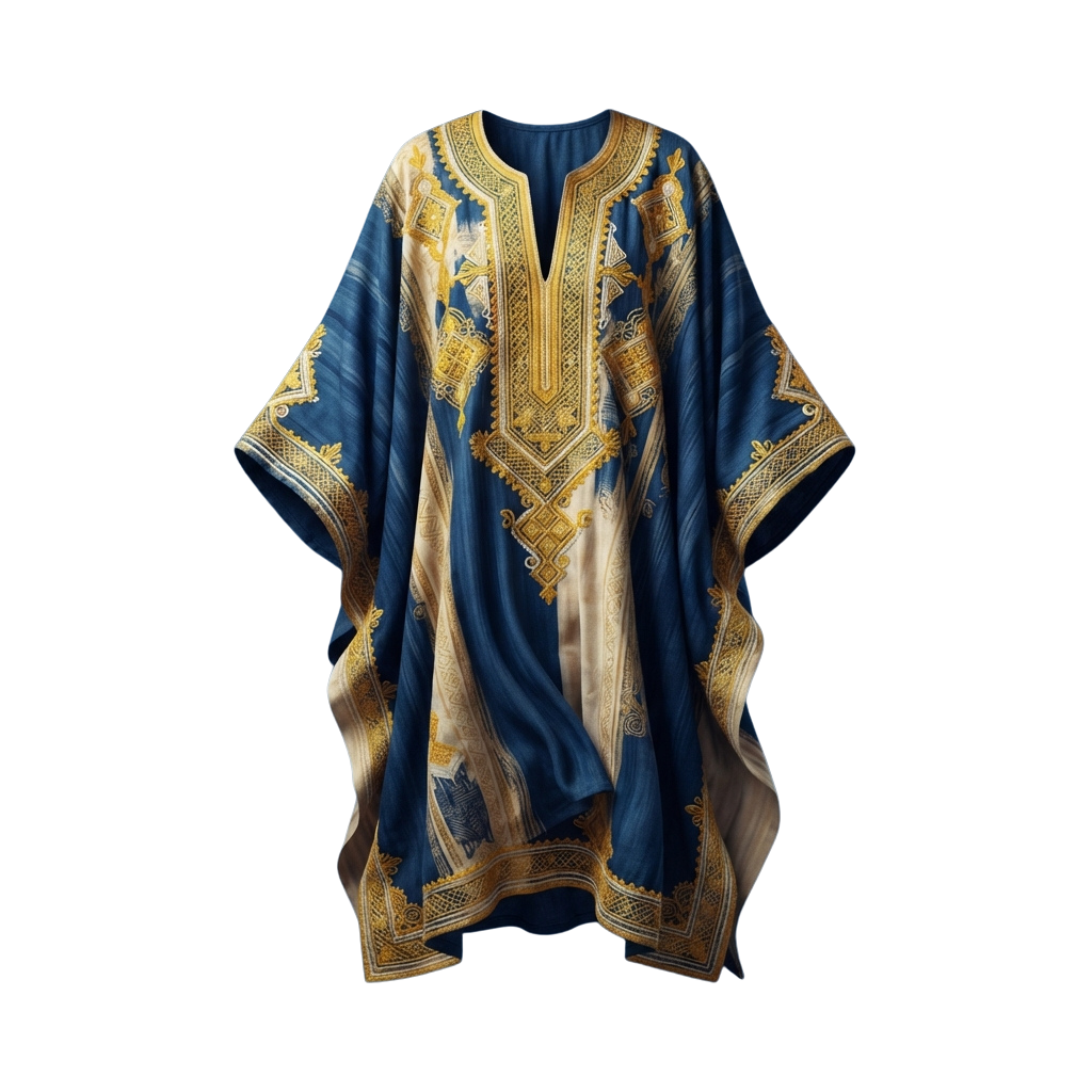 A blue traditional robe with intricate gold embroidery and a deep V-neckline displayed on a black background
