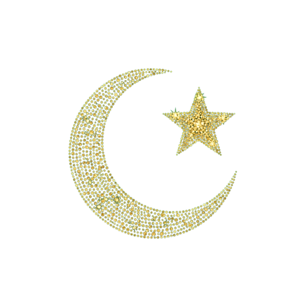 Illuminated crescent moon and star symbol on a dark background