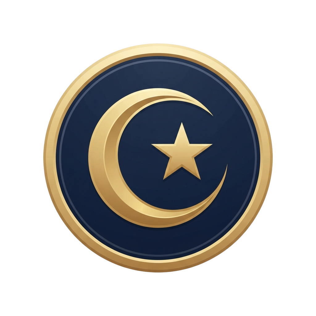 A gold crescent moon with a star in the center on a blue background framed by a gold border