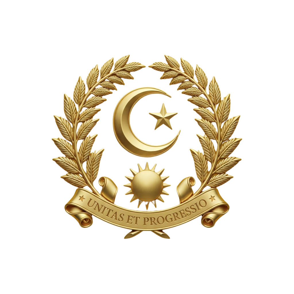 A golden emblem featuring a crescent moon, star, sun, laurel wreath, and banner with the Latin phrase Unitas Et Progressio