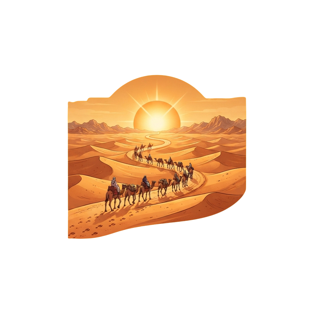 A group of people riding camels along a winding path through a desert during sunset