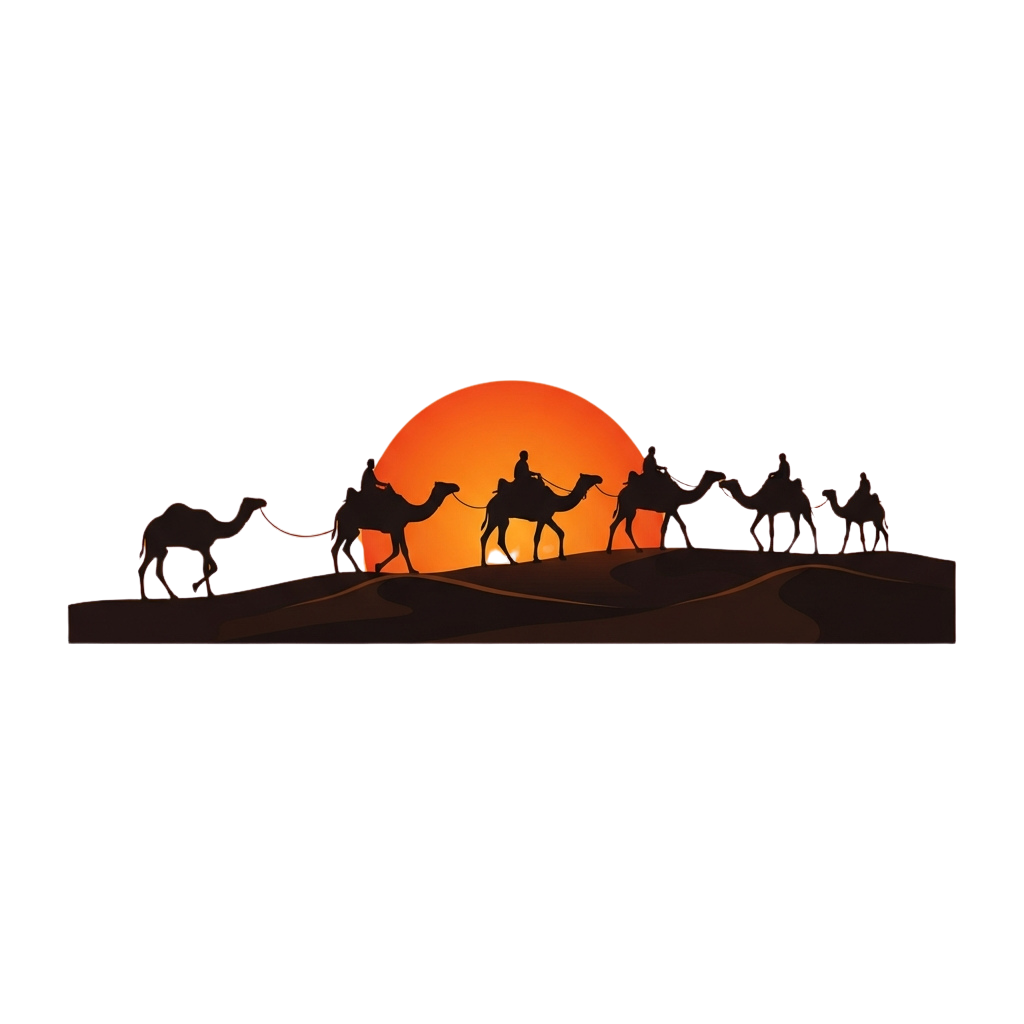 Silhouettes of camels and riders against a large orange sunset in a desert landscape