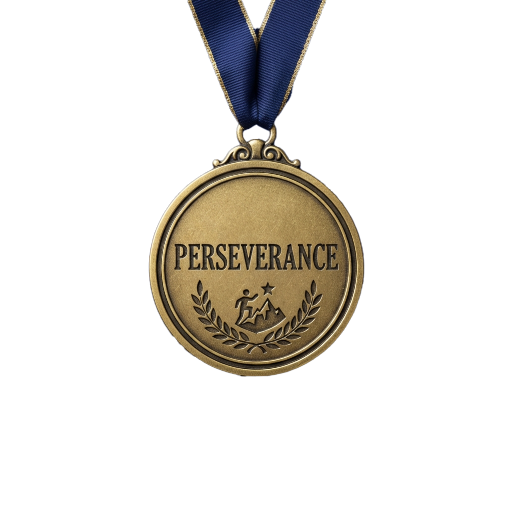 Gold-colored medal with the word Perseverance and a laurel wreath design, hanging from a blue ribbon