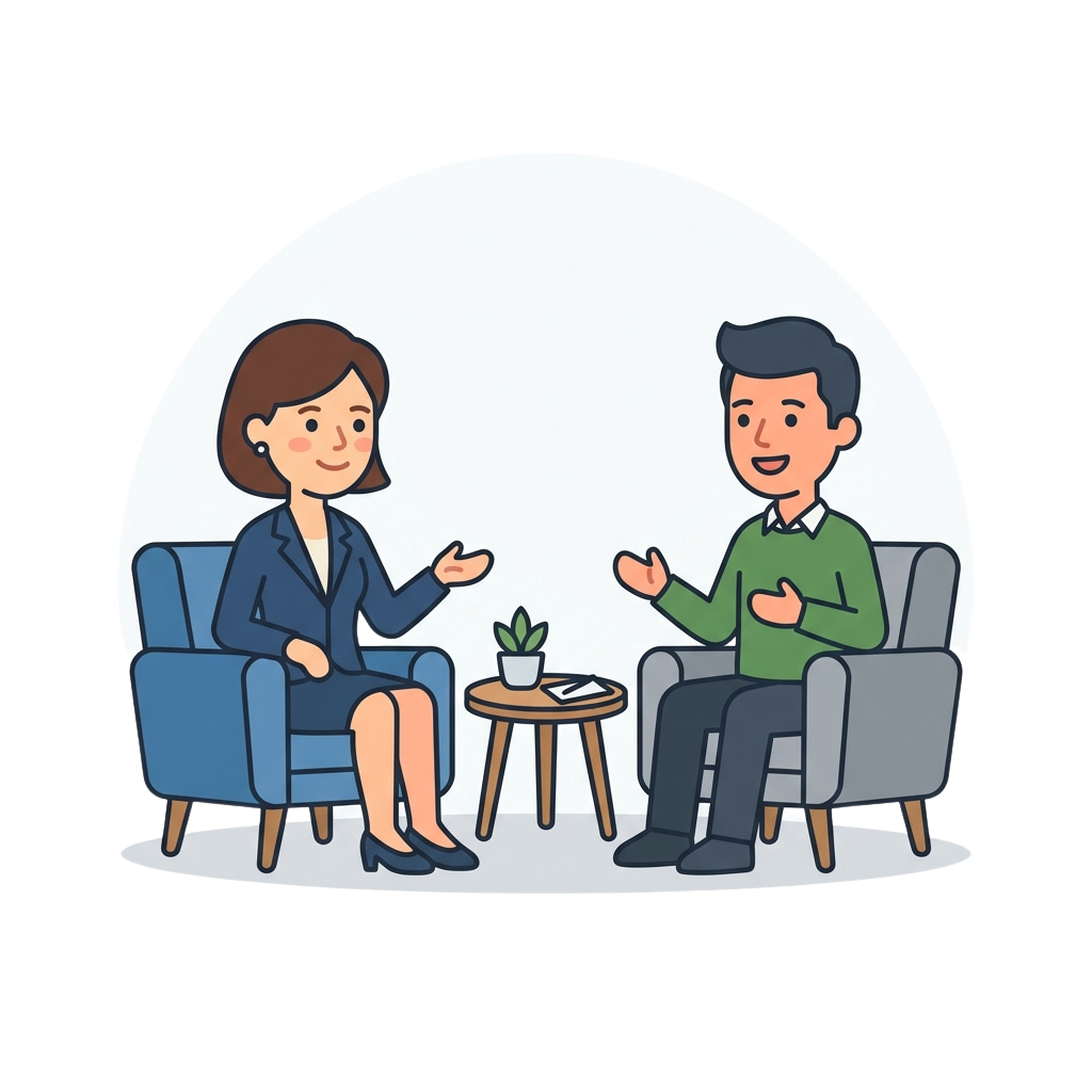 Two people sitting in armchairs having a conversation with a small table and plant between them