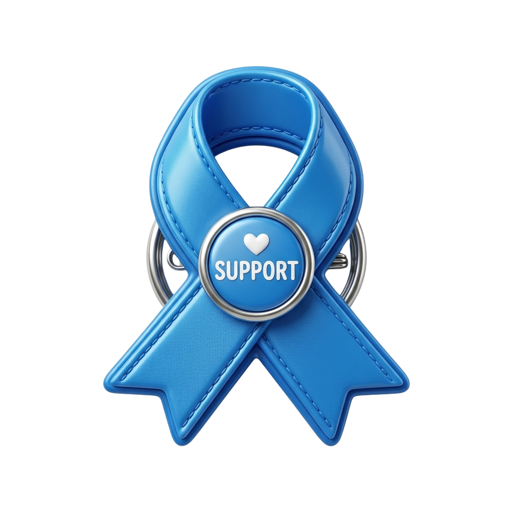 A shiny blue awareness ribbon with a metal clasp displaying the word support and a heart symbol