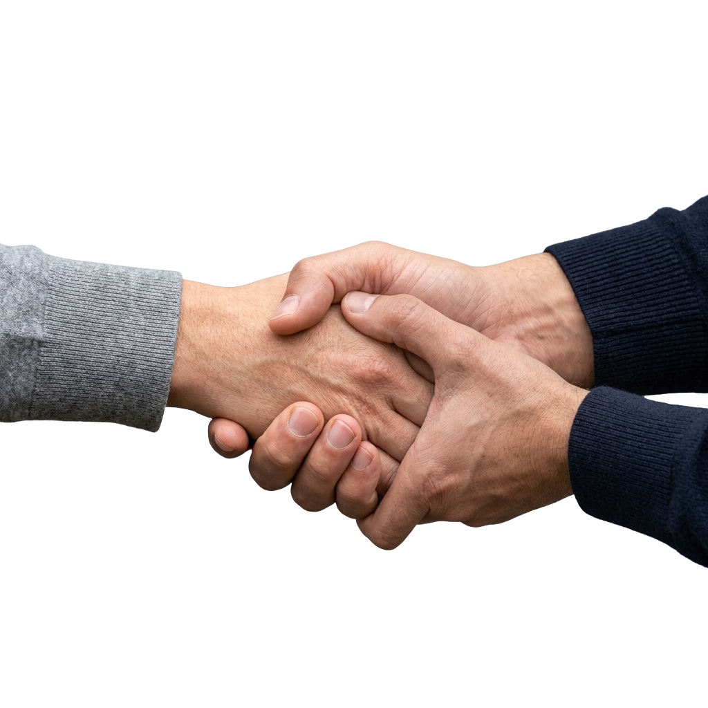 Two individuals shaking hands in a firm handshake against a dark background