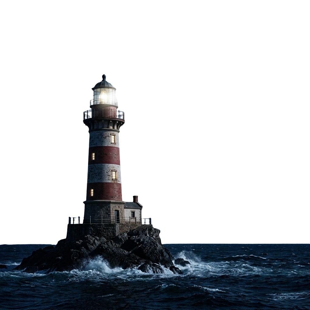 A lighthouse standing on a rocky island in dark, stormy waters at night with its light beacon glowing.