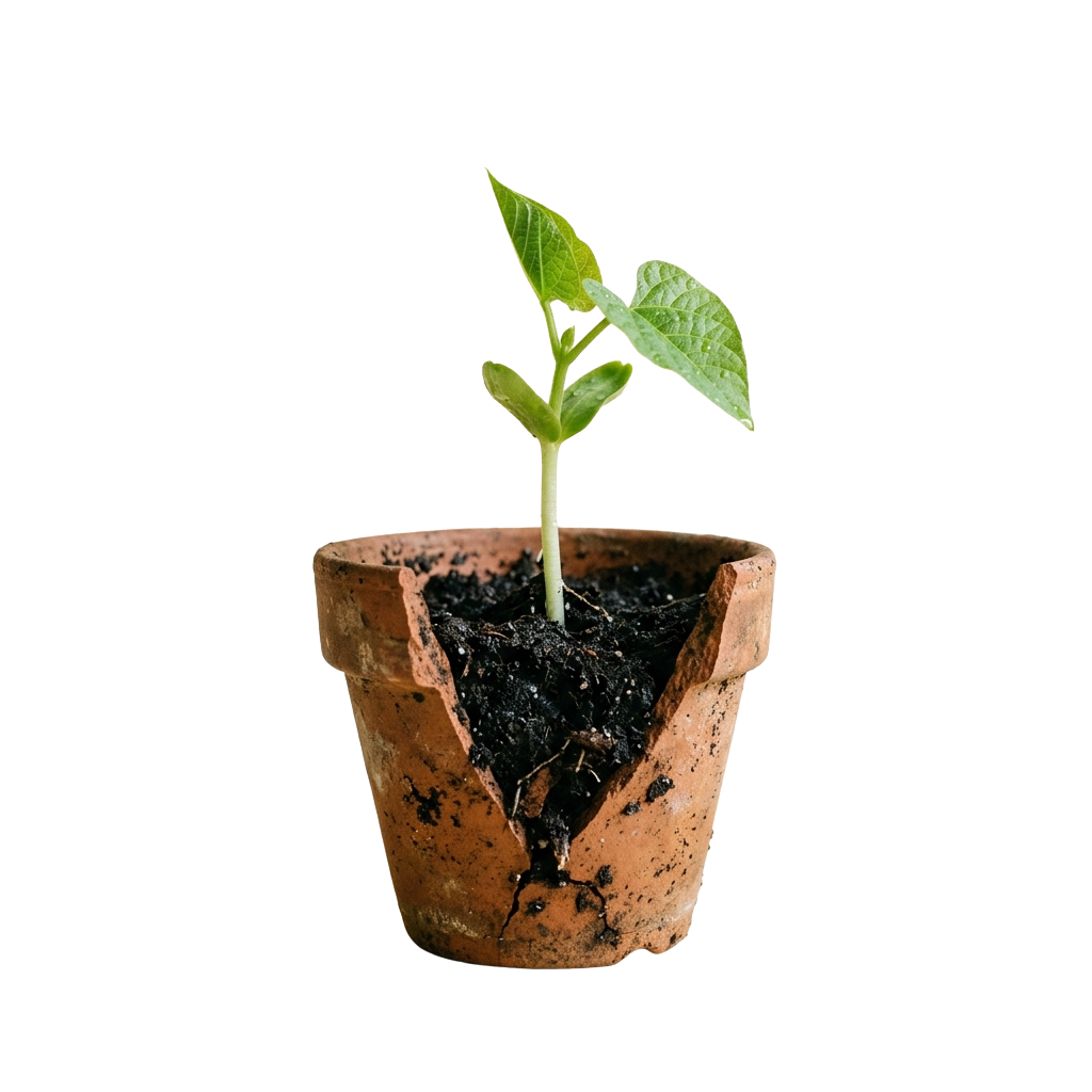 A young green plant with two leaves sprouting from a cracked terracotta pot filled with soil