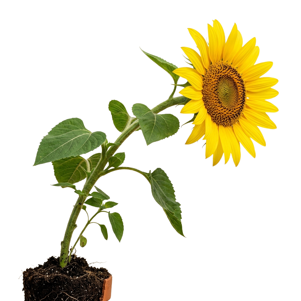 A potted sunflower plant with green leaves and a large bright yellow flower facing right against a black background