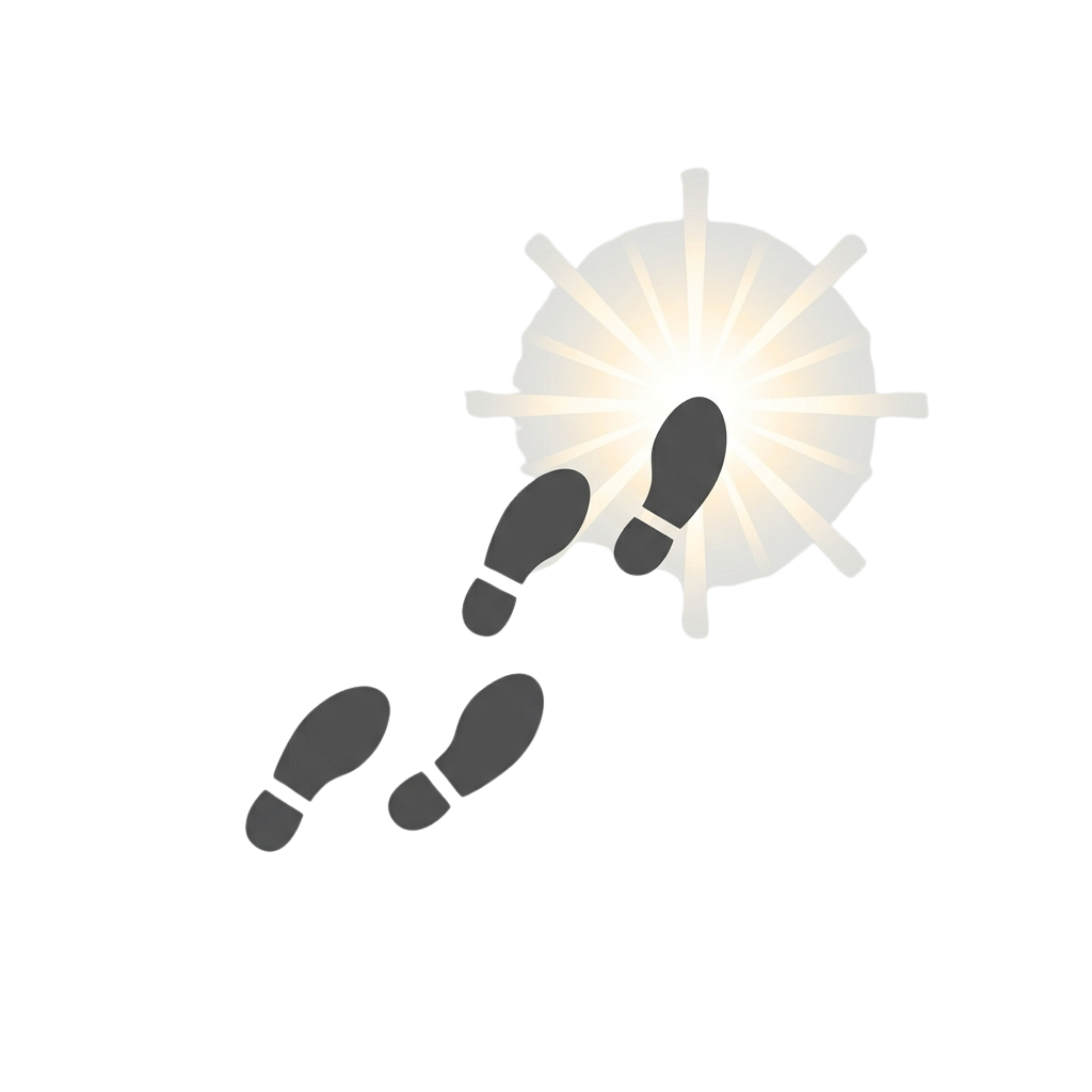 Three gray footprints leading toward a glowing circular light with rays on a black background