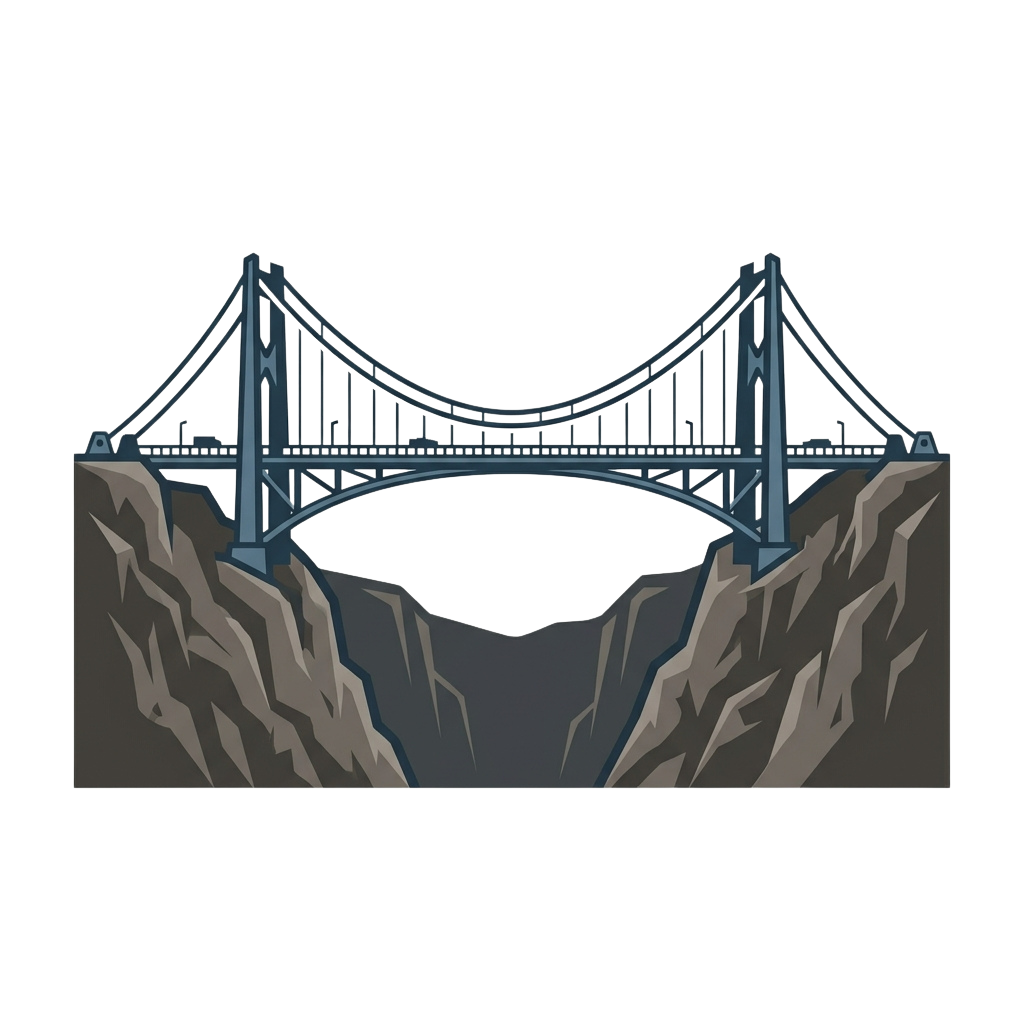 Illustration of a suspension bridge spanning a deep canyon with rocky cliffs on both sides