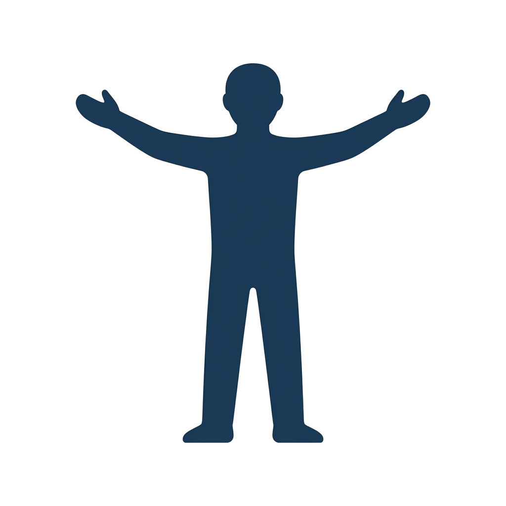 A blue silhouette of a person standing with arms outstretched against a dark background