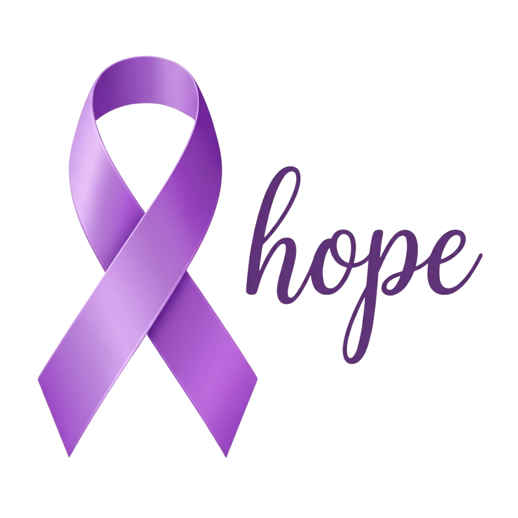 A purple ribbon on a black background with the word hope written beside it