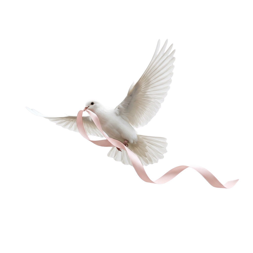 A white dove in flight holding a pink ribbon in its beak against a black background