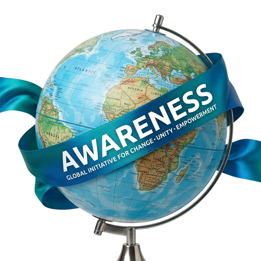 Globe wrapped with blue ribbon displaying text Awareness Global Initiative for Change Unity Empowerment