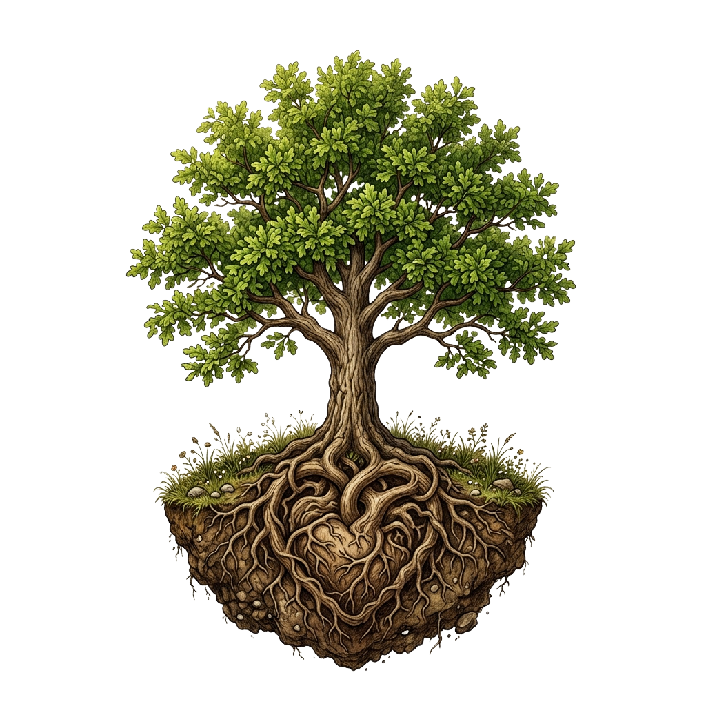 Illustration of a tree with visible roots and lush green leaves against a black background