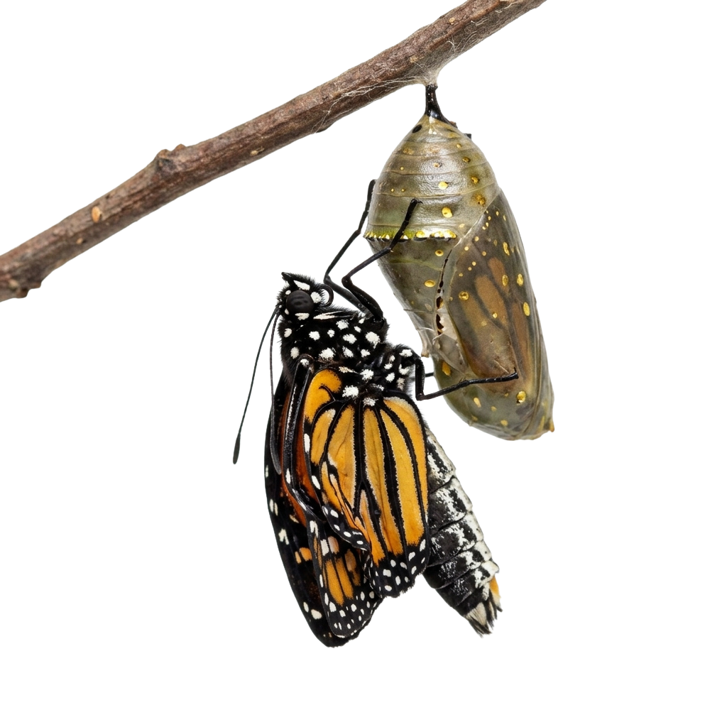 A monarch butterfly emerging from its green and gold chrysalis attached to a twig