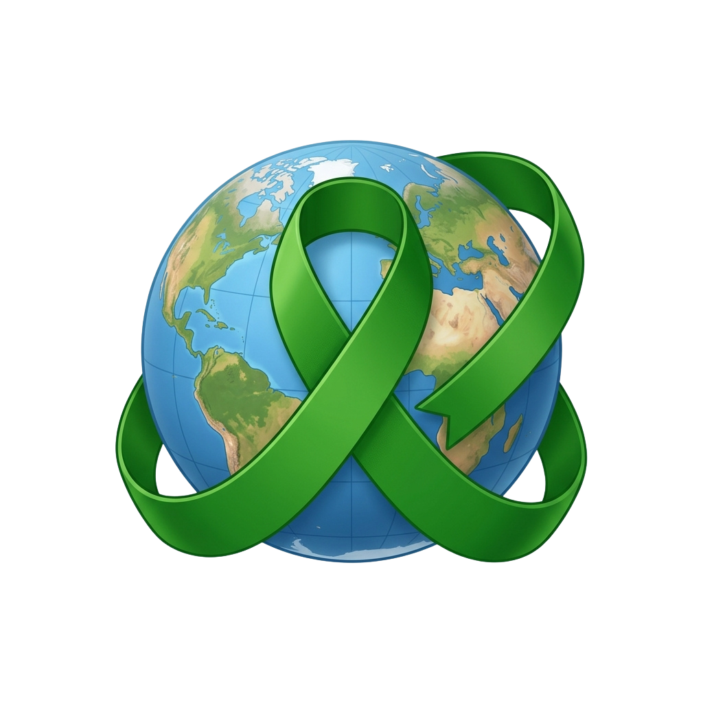 A globe wrapped with a green ribbon symbolizing sustainability and environmental awareness