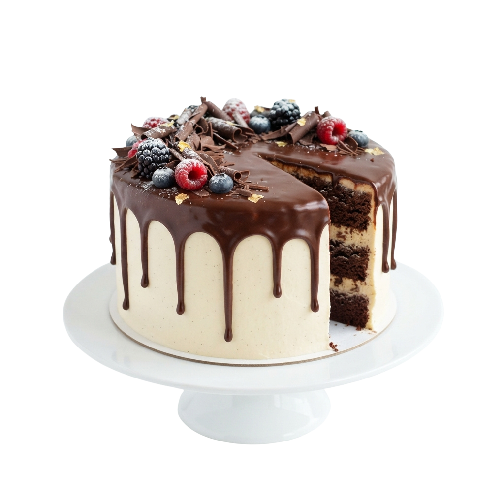 A round cake with chocolate ganache drips, berries, and chocolate shavings on a white cake stand