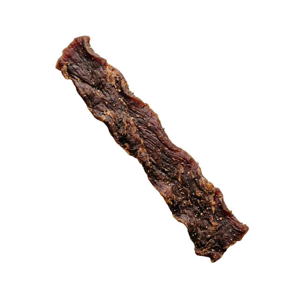 A single strip of dark brown, dried beef jerky with a slightly charred appearance