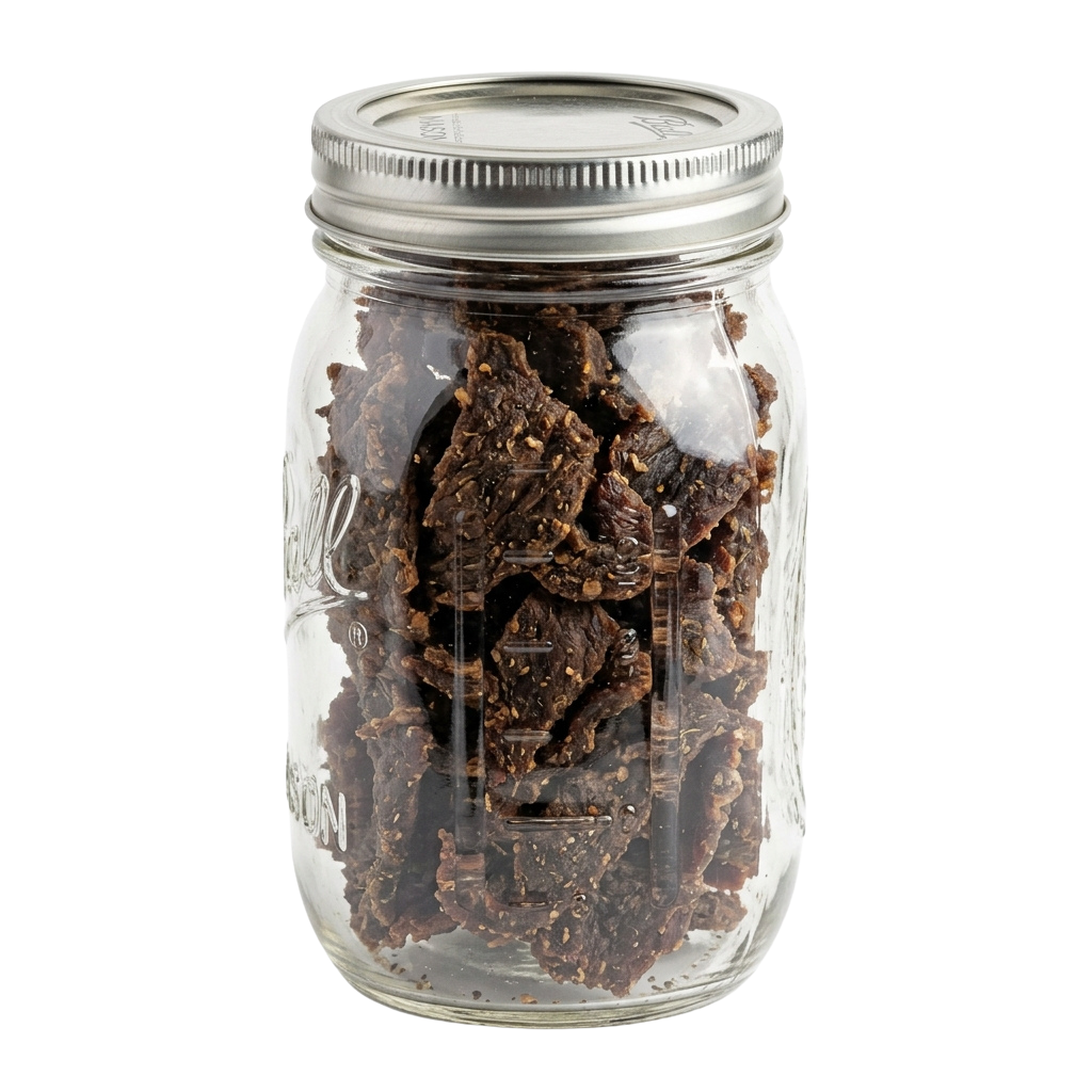 A glass jar with a metal lid filled with dried shredded cocoa nibs or chocolate pieces