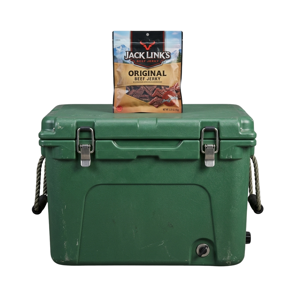 Green insulated cooler with a beef jerky package placed on top