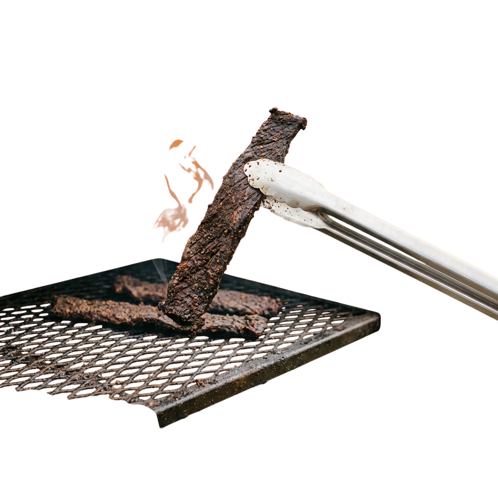 Charred meat on a wooden skewer being lifted with metal tongs over a grill grate