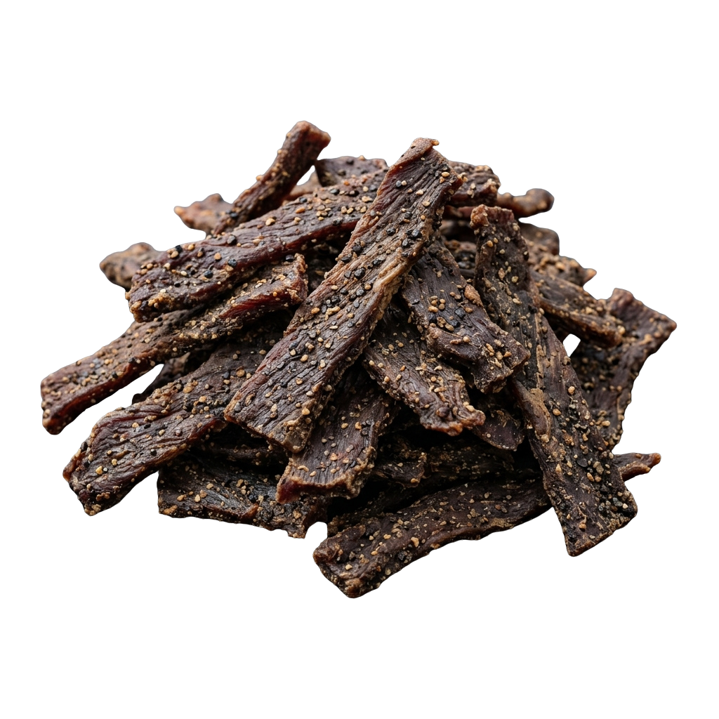 Close-up of spiced, dark brown beef jerky strips with a speckled seasoning