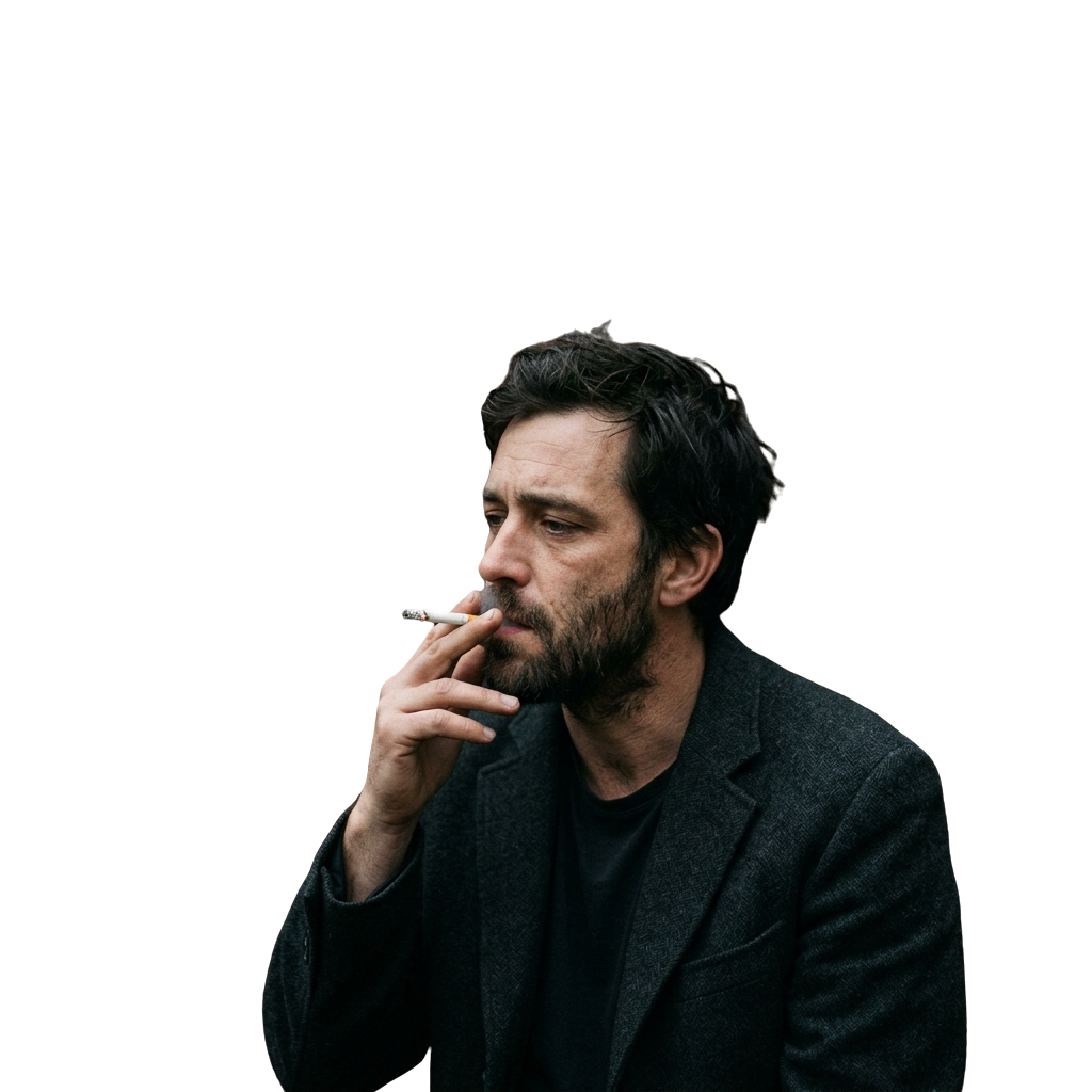 A man with a beard smoking a cigarette against a dark background