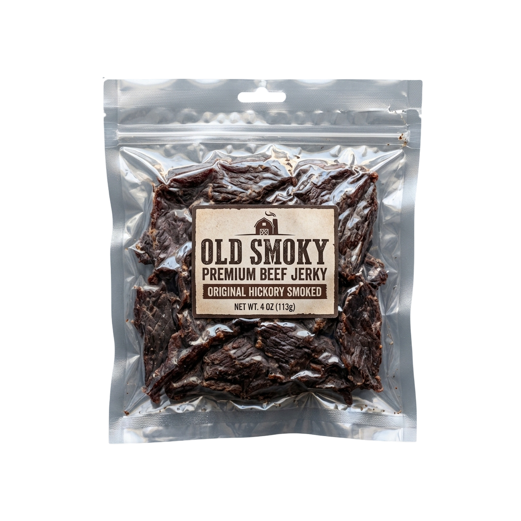 Clear plastic bag showing sliced hickory smoked beef jerky with label indicating weight and type