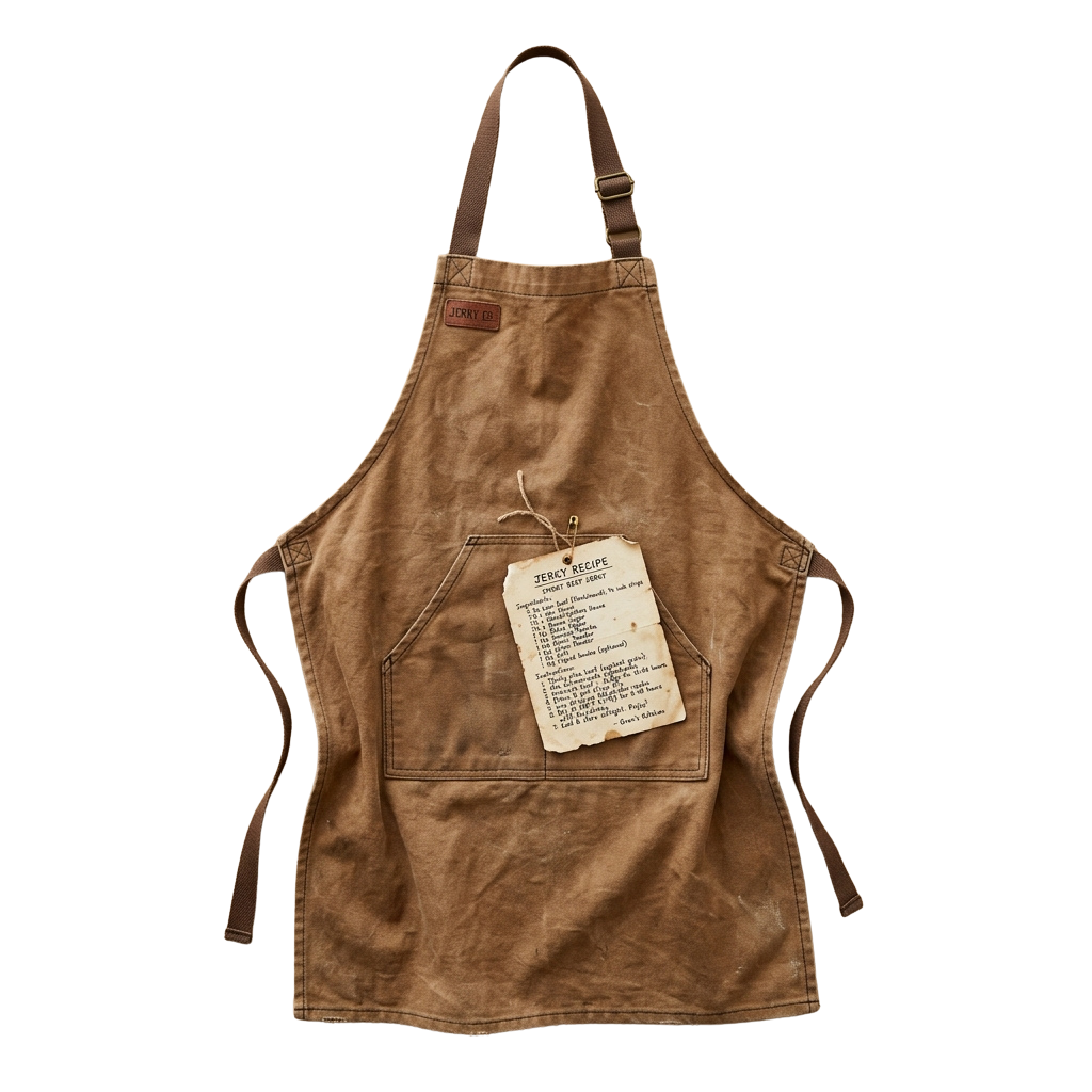 Brown apron with a pocket holding a handwritten recipe card and a small tag on the chest