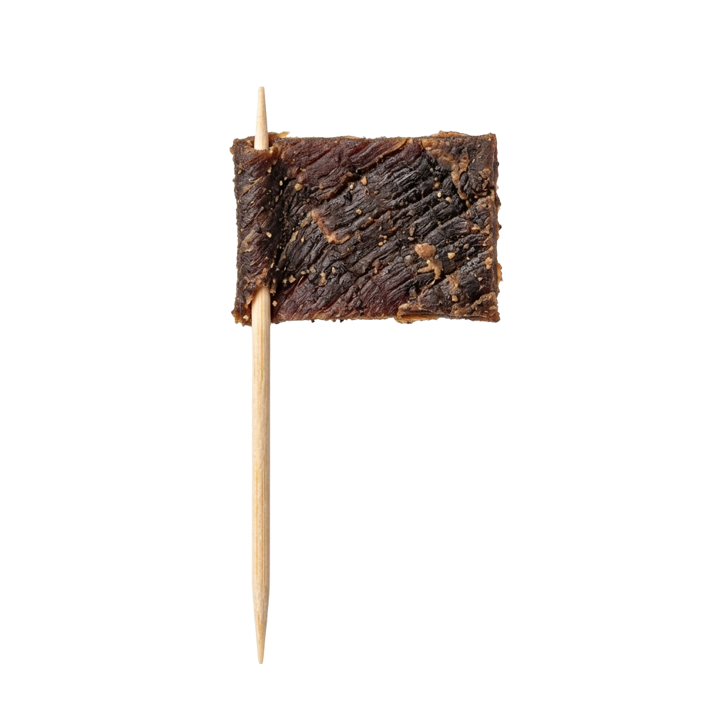 A square piece of dark brown beef jerky hanging from a wooden stick