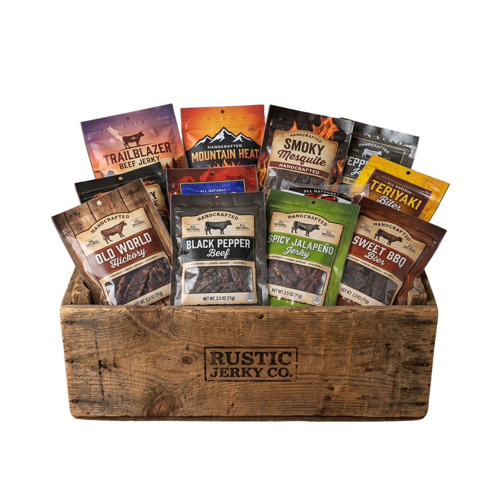 Wooden crate filled with nine different bags of handcrafted beef jerky flavors