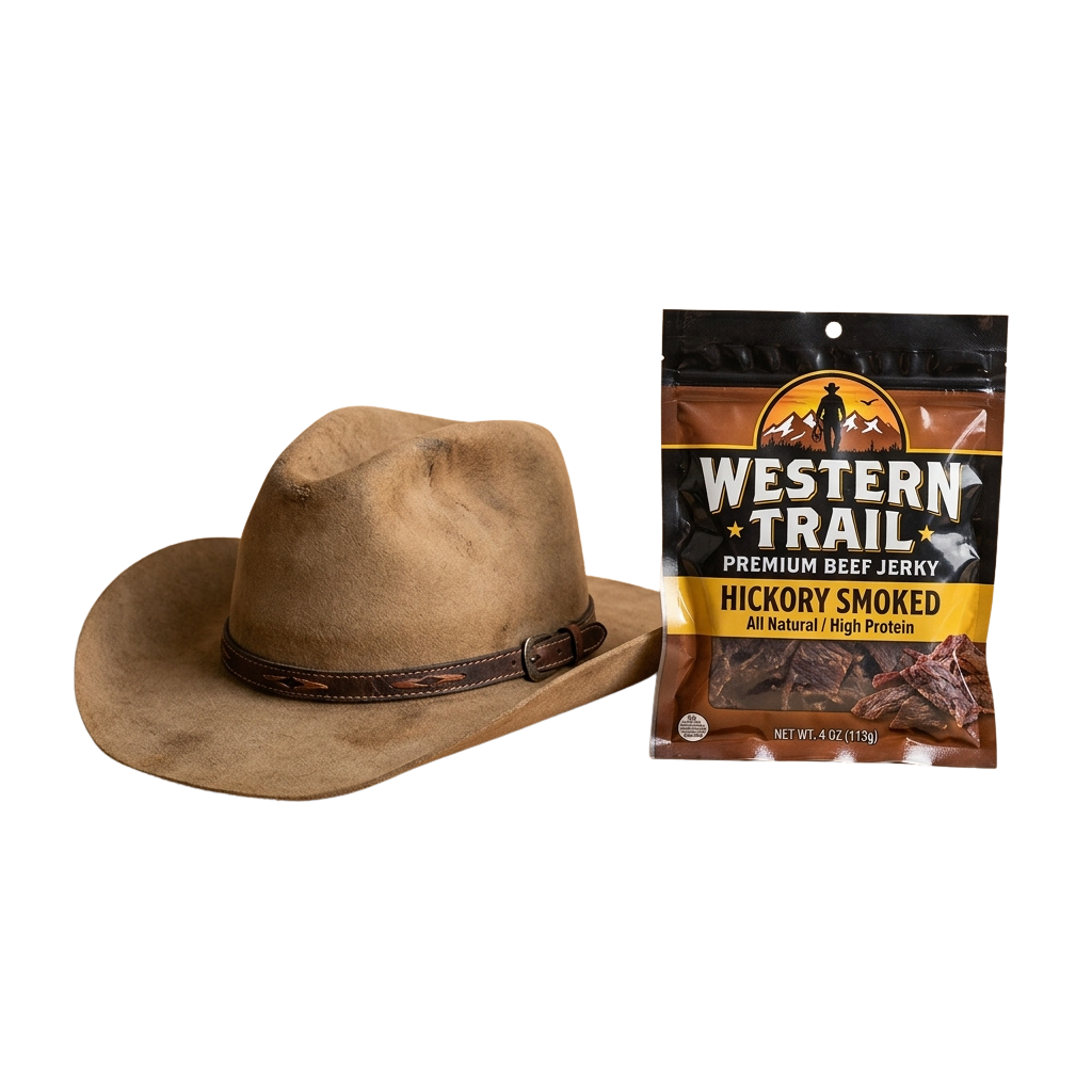 A tan cowboy hat next to a bag of hickory smoked beef jerky labeled Western Trail