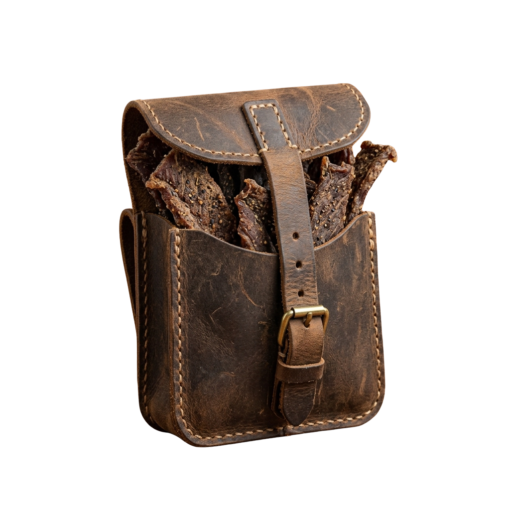 A worn brown leather satchel with a strap, partially filled with rolled fabric or cloth.