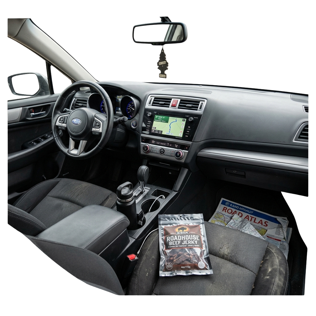 Interior of a car showing dashboard, center console, snacks, and a road atlas on the passenger seat.