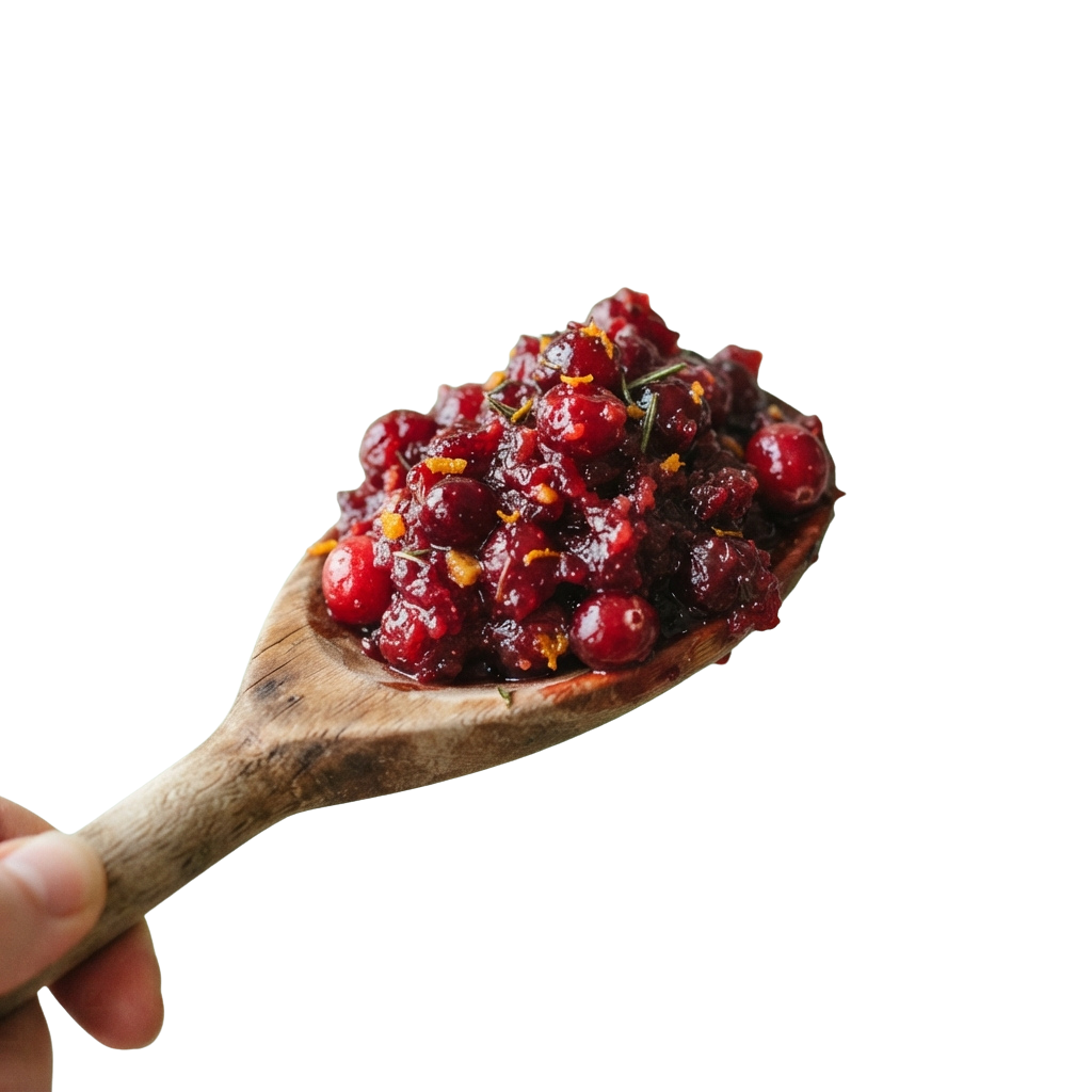 A wooden spoon holding thick cranberry sauce with visible cranberries and spices