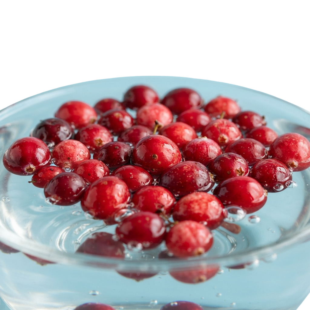 A glass bowl filled with fresh, shiny red cranberries on a reflective surface
